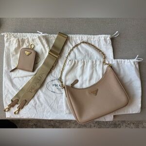 Prada Taupe Saffiano Leather Chain Shoulder Bag with Gold Hardware